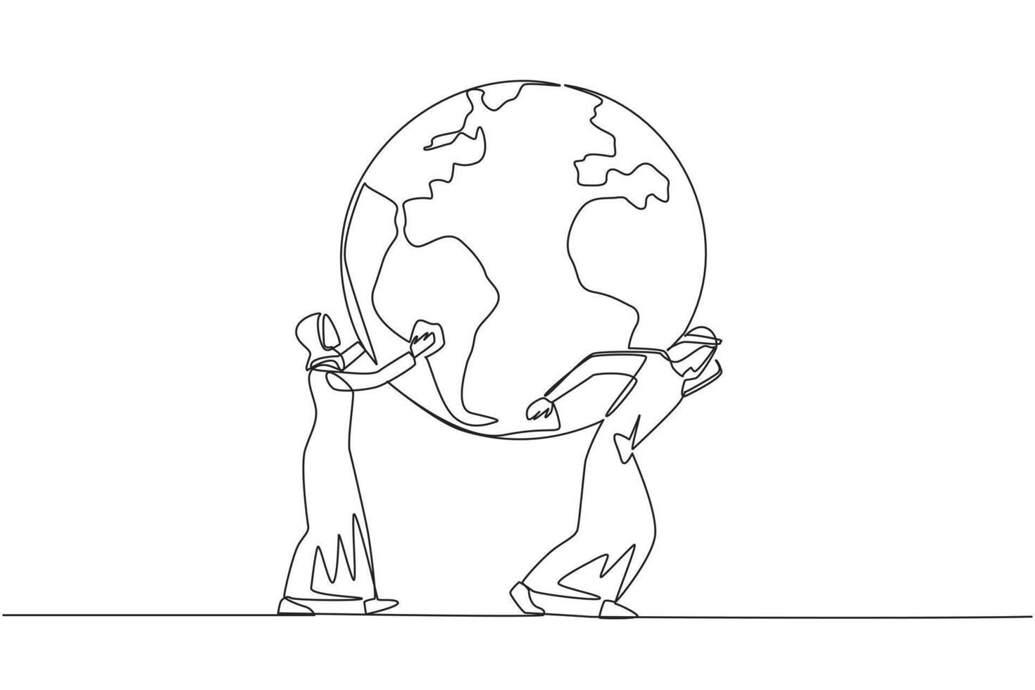 Continuous one line drawing globe is carried by Arab man assisted by Arab woman who holds it. Support each other to protect and care for beauty of earth. Single line draw design illustration vector
