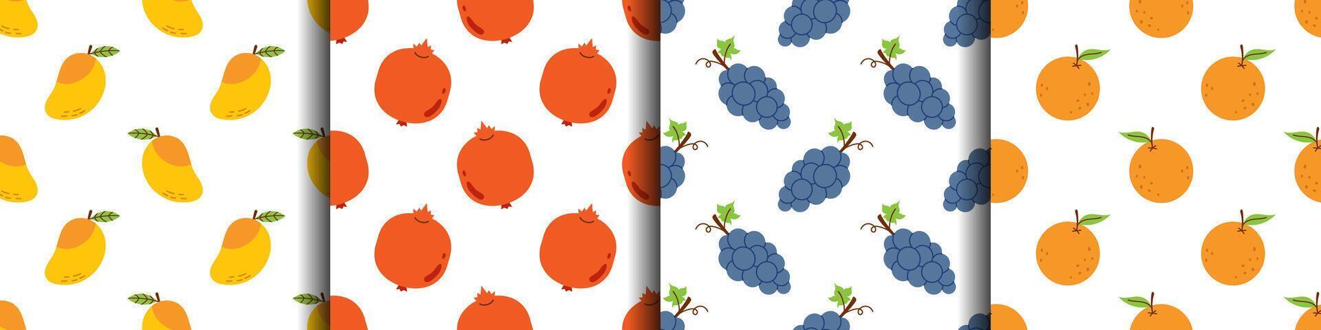 set of seamless patterns with tropical fruits and berries. Pomegranates, oranges, mango and grape. Exotic fruits on white background. Summer prints with fruits. Wrapping design collection. vector