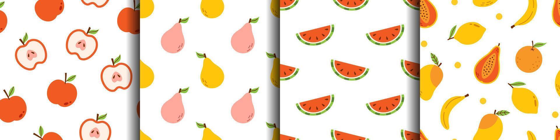 set of seamless patterns fruits. Apple, pear, watermelon, mango, orange, lemon and papaya. Juice design. Fruits on white background. Summer prints with fruits. Wrapping design collection. vector