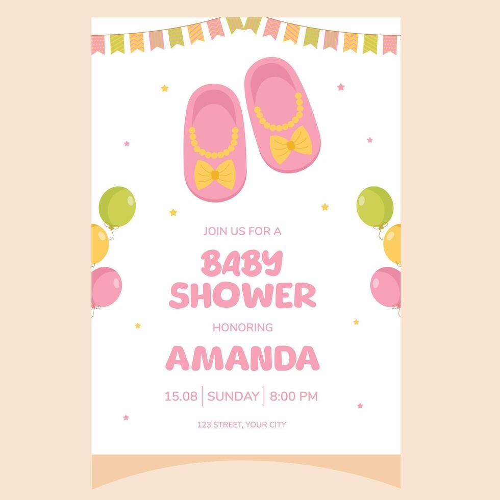 Baby shower party invitation. It's a girl. Invitation with baby shoes. Template for party invitation, poster, greeting card. vector