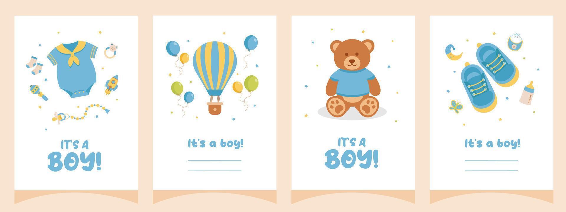 Baby shower set of cards, posters, invitations. It's a boy. Template for party invitations, posters, greeting cards, social media. vector
