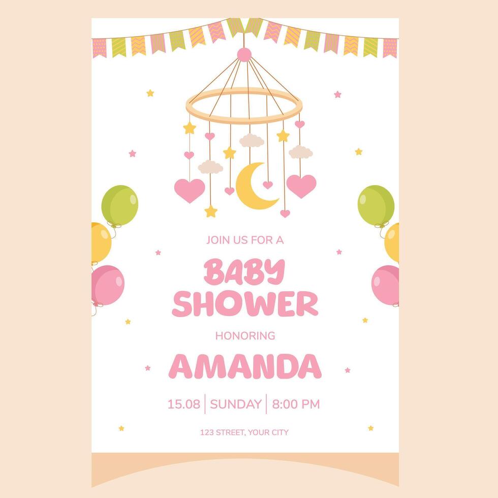 Baby shower party invitation. It's a girl. Invitation with baby carousel pendants, newborn mobile. Template for party invitation, poster, greeting card. vector