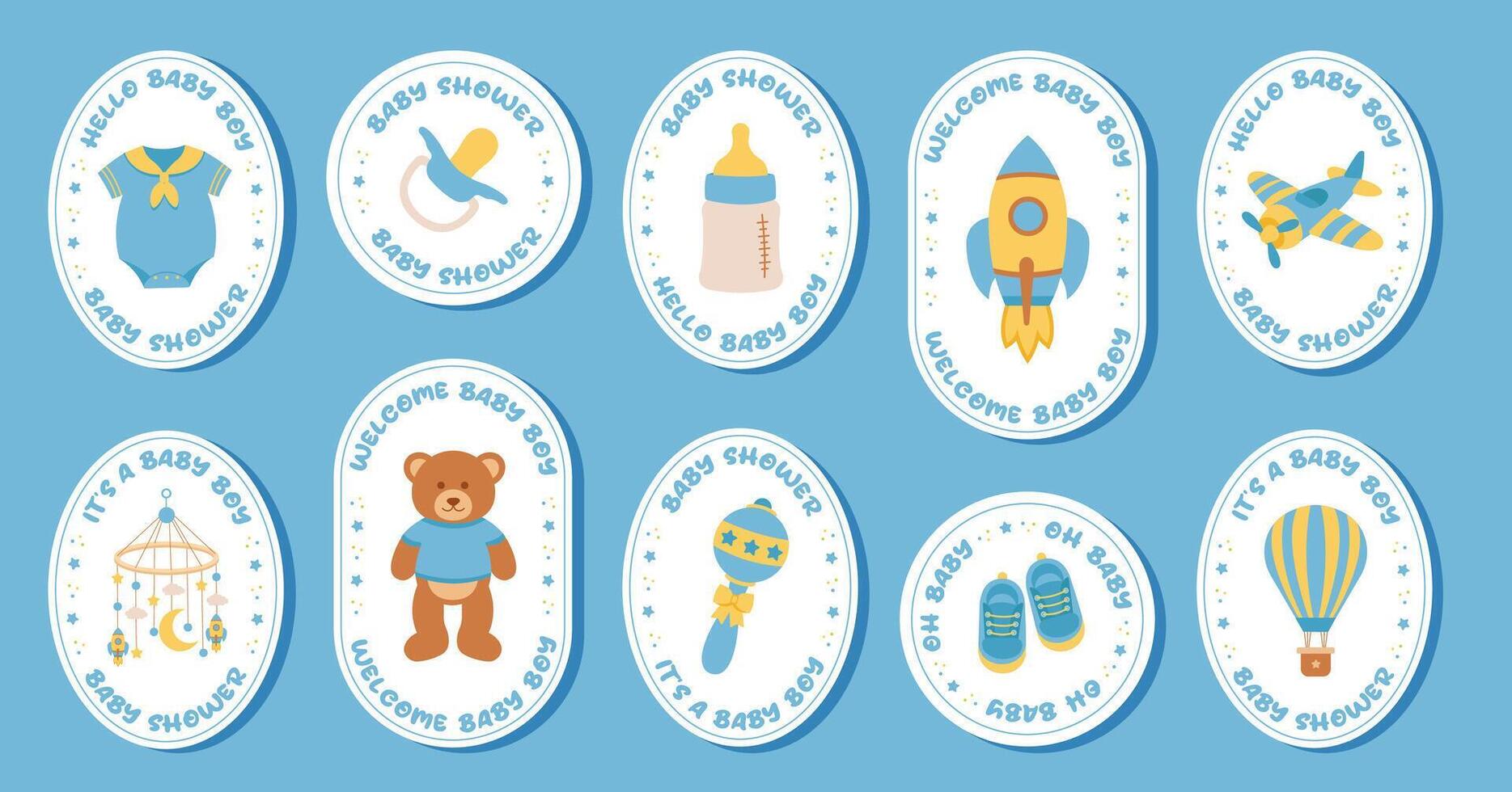 Baby shower stickers. It's a boy. Stickers with overalls, pacifier, feeding bottle, rocket, taddy bear toy, baby pendant, rattle, air baloon, shoes, airplane. vector