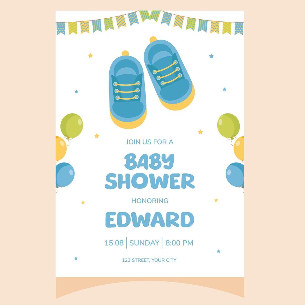 Baby shower party invitation. It's a boy. Invitation with baby shoes. Template for party invitation, poster, greeting card. vector