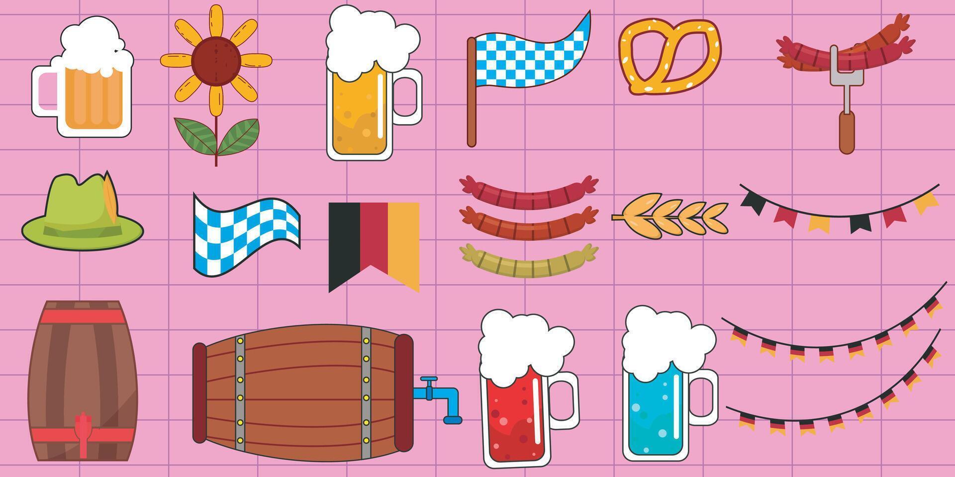 Oktoberfest beer festival collection. Beer glass, flag, beer, wheat, hop cone, barrel. illustration for October celebrations in Germany vector