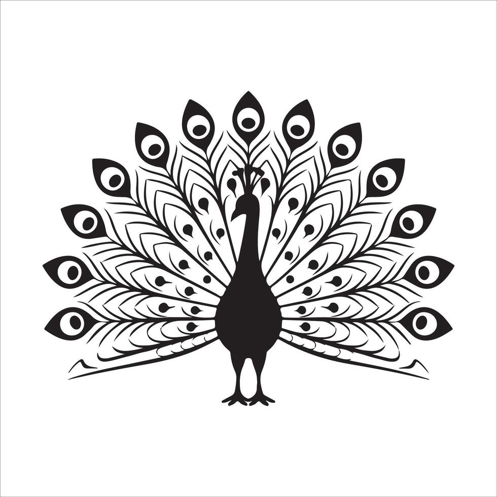 Elegant Peacock Silhouette Feathers Unfurled in Black and White vector