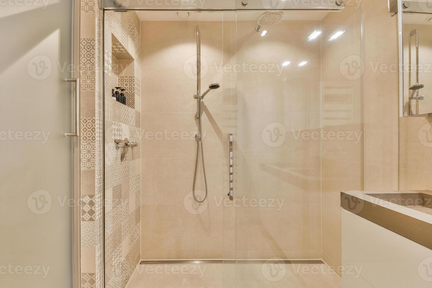 A bathroom with a shower and a sink photo