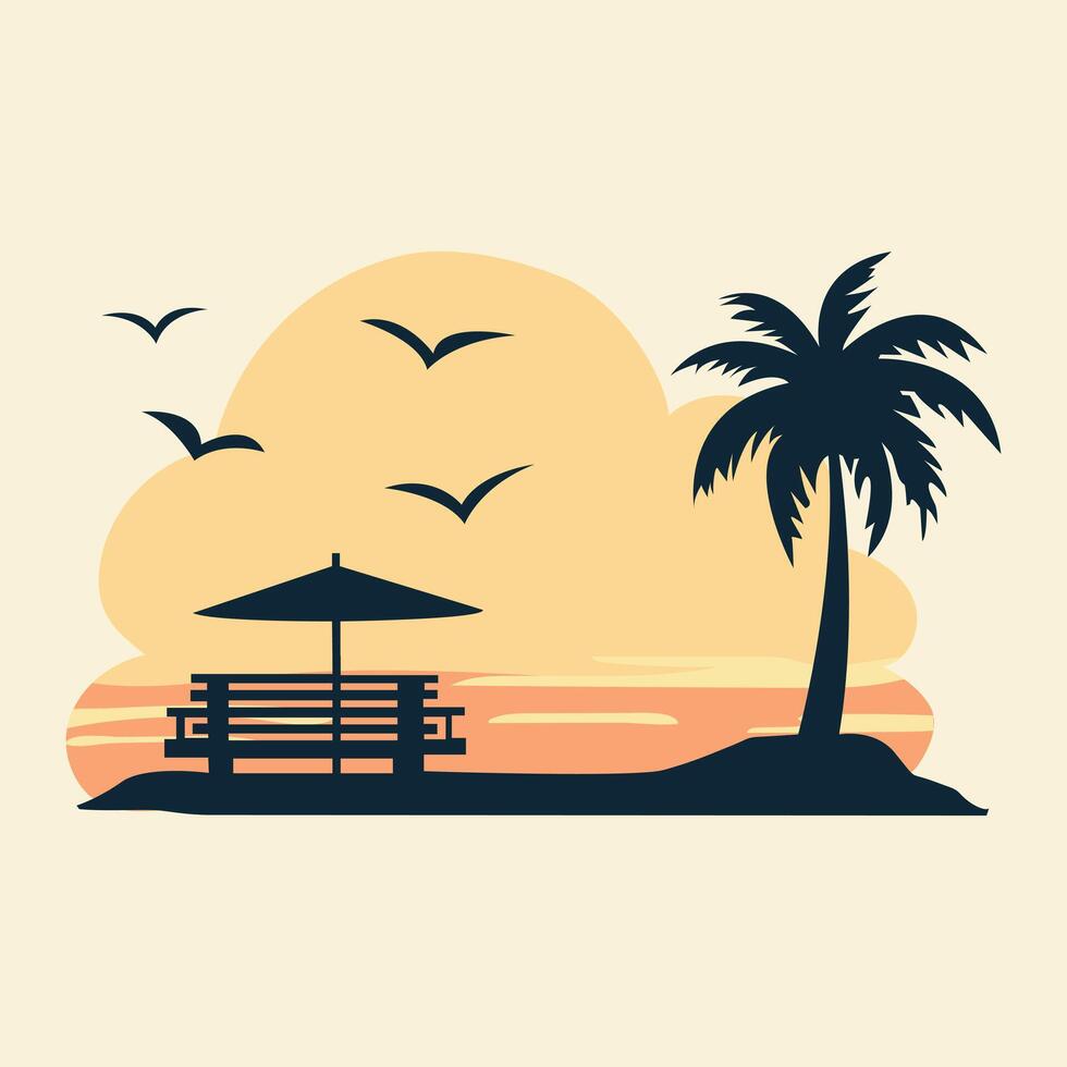 A beach scene with a bench and palm tree vector