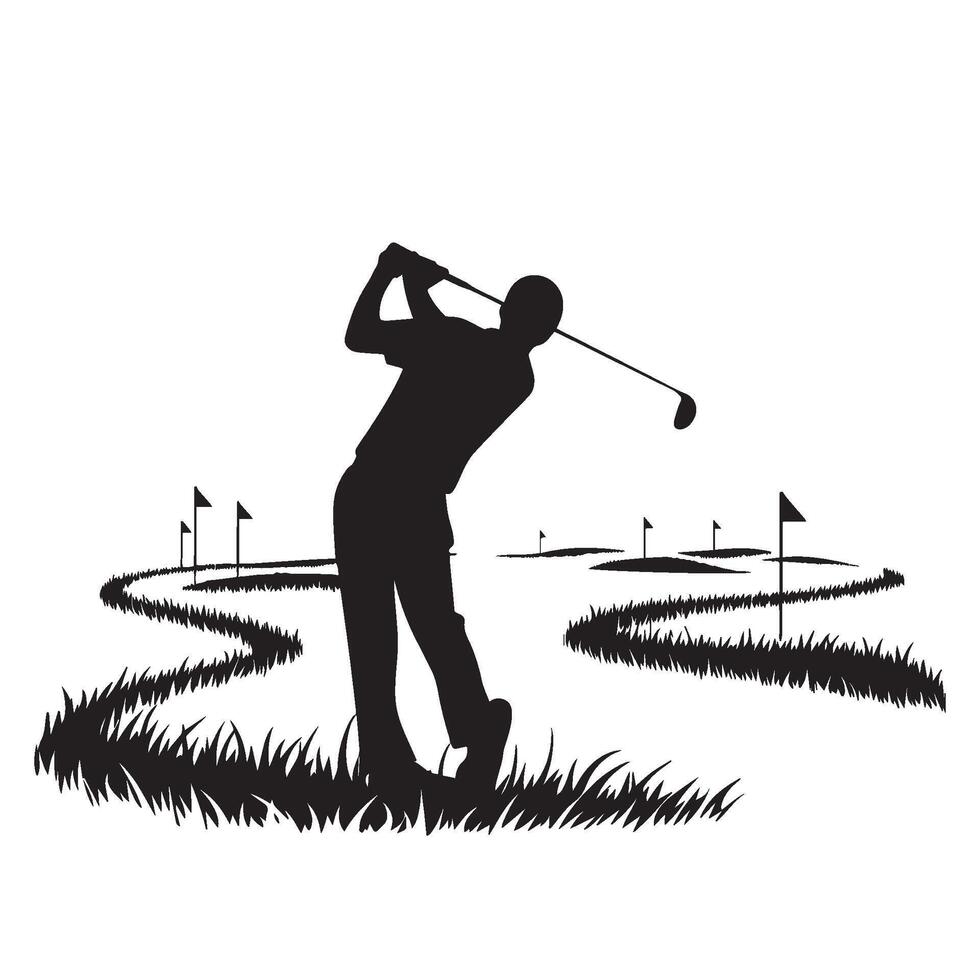 Silhouette of a man playing golf on a course vector