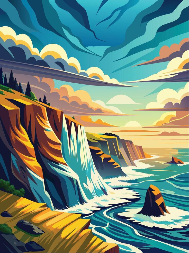 Background-Beautiful landscape with a waterfall in the mountains. vector