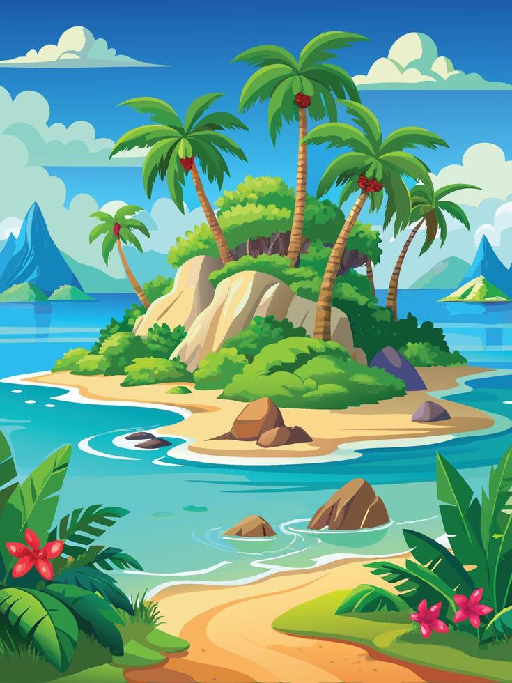 Background-Tropical island with palm trees and rocks. vector