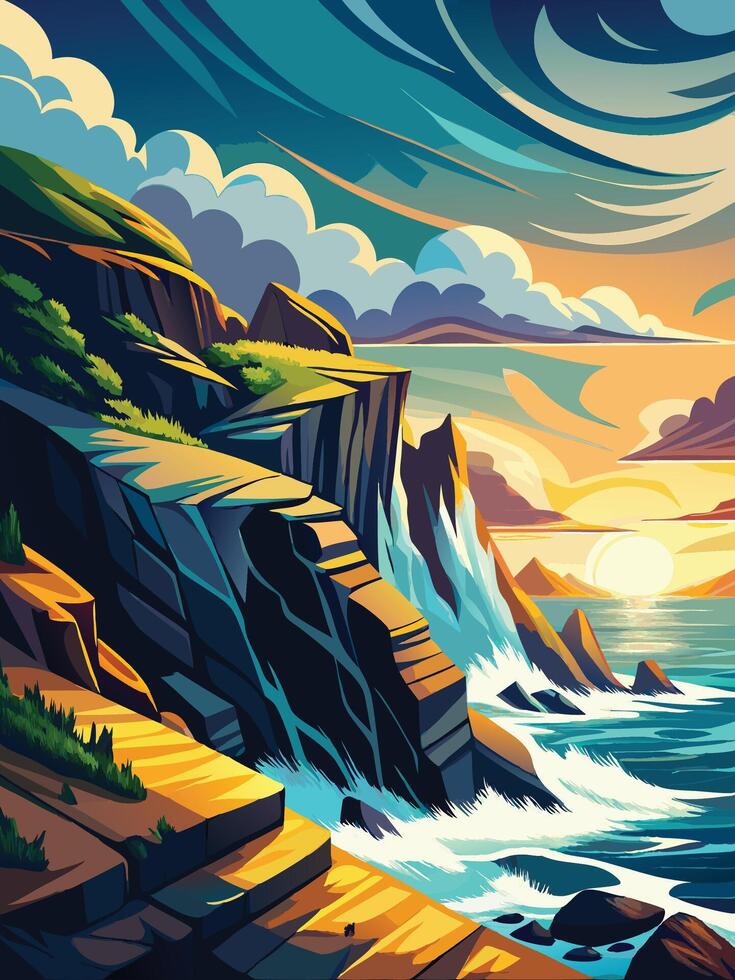 Background- Beautiful seascape with waterfall. Illustration in cartoon style vector
