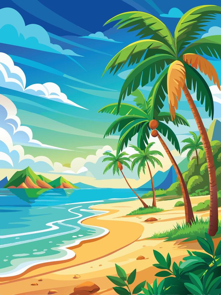 Background- Tropical beach with palm trees and blue sky vector