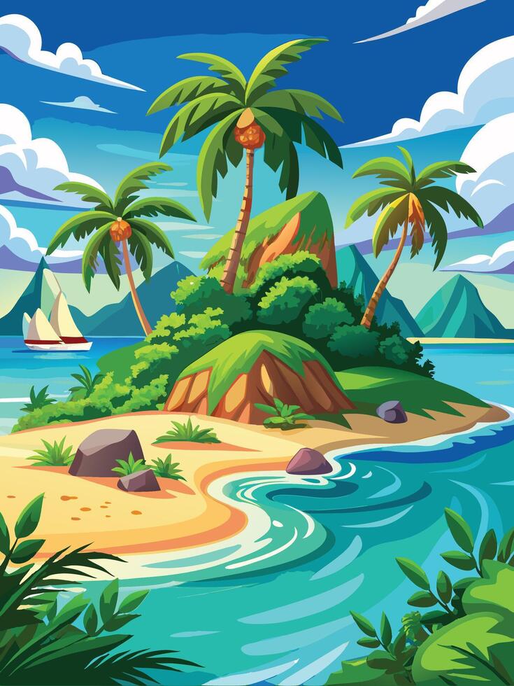 Background- Illustration Tropical island with palm trees and sea. vector