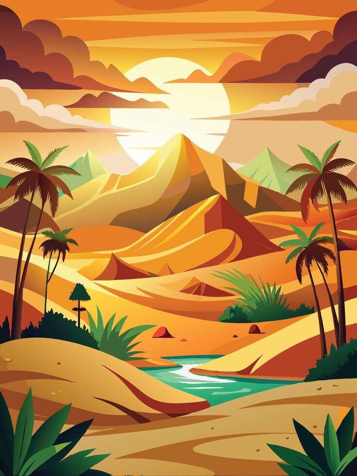 Background- Desert landscape with palm trees and river in flat style illustration vector