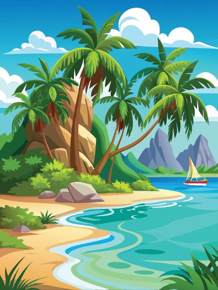 Background- Tropical beach with palm trees and sailboat. vector