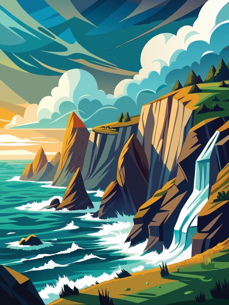 Background- Eye catchy landscape with a waterfall in the mountains. vector
