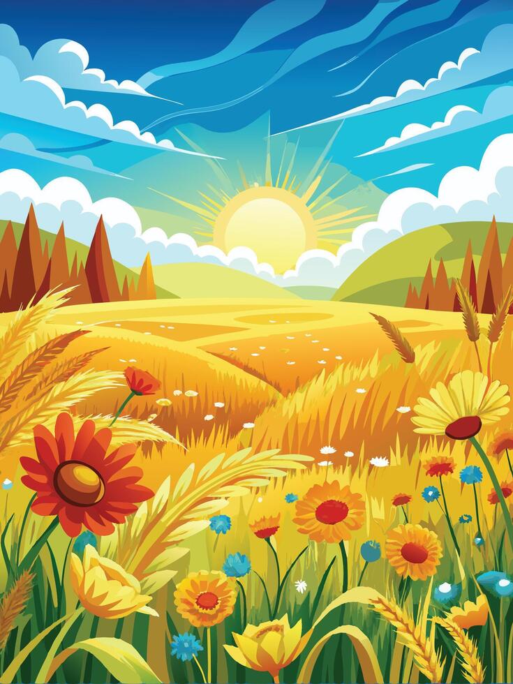 Background- illustration of a wheat field with flowers and sun in the sky vector