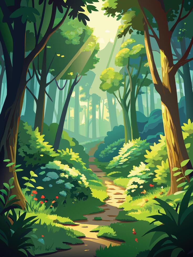 Background- Illustration of a pathway in the forest with trees and bushes. vector