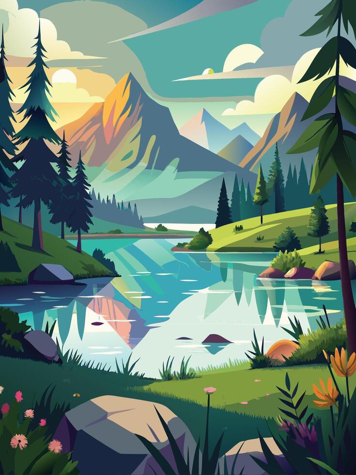 Background-Beautiful landscape with mountains, lake and forest vector