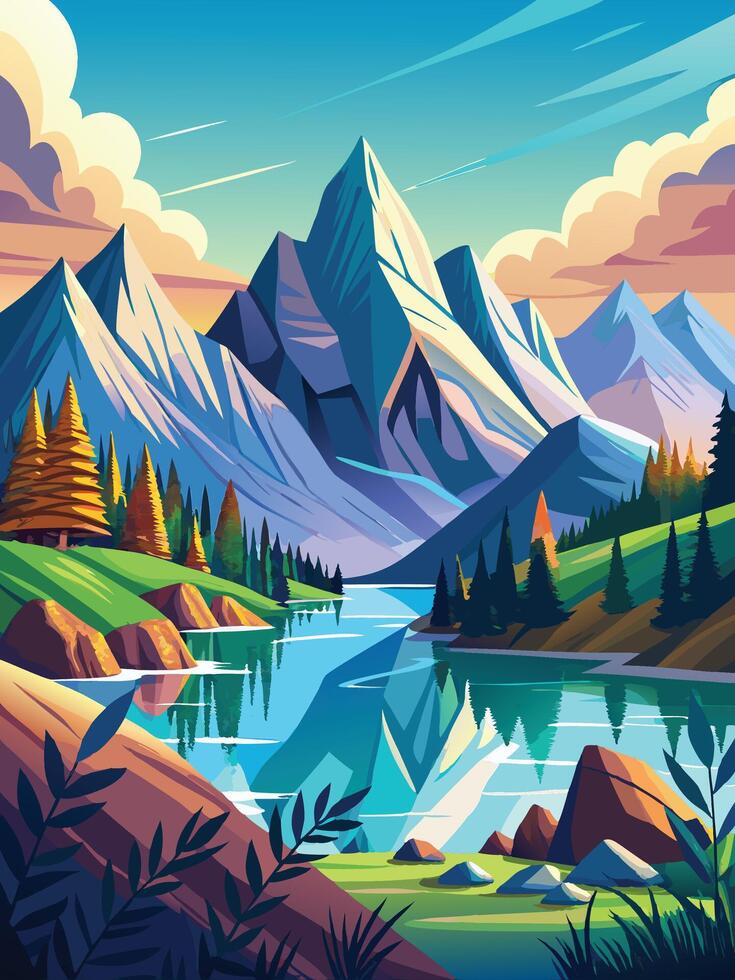 Background- Mountains and lake landscape illustration in flat cartoon style. vector