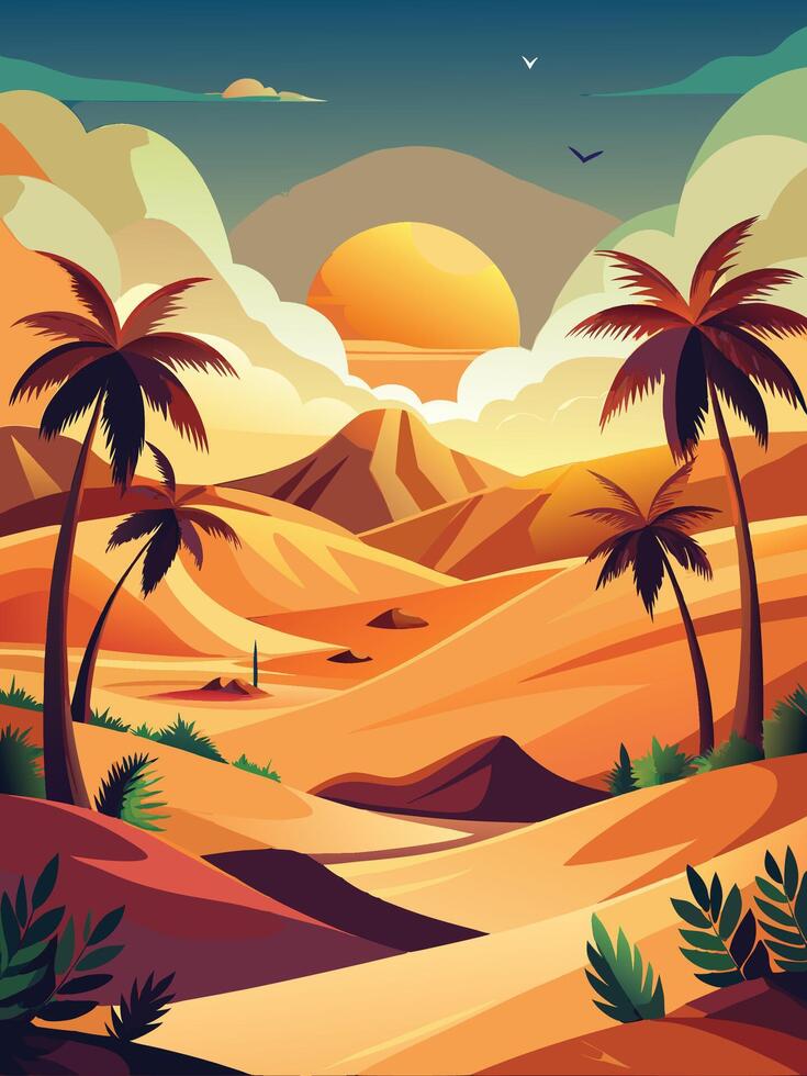 Background-Desert landscape with palm trees, sand dunes and sunset. vector