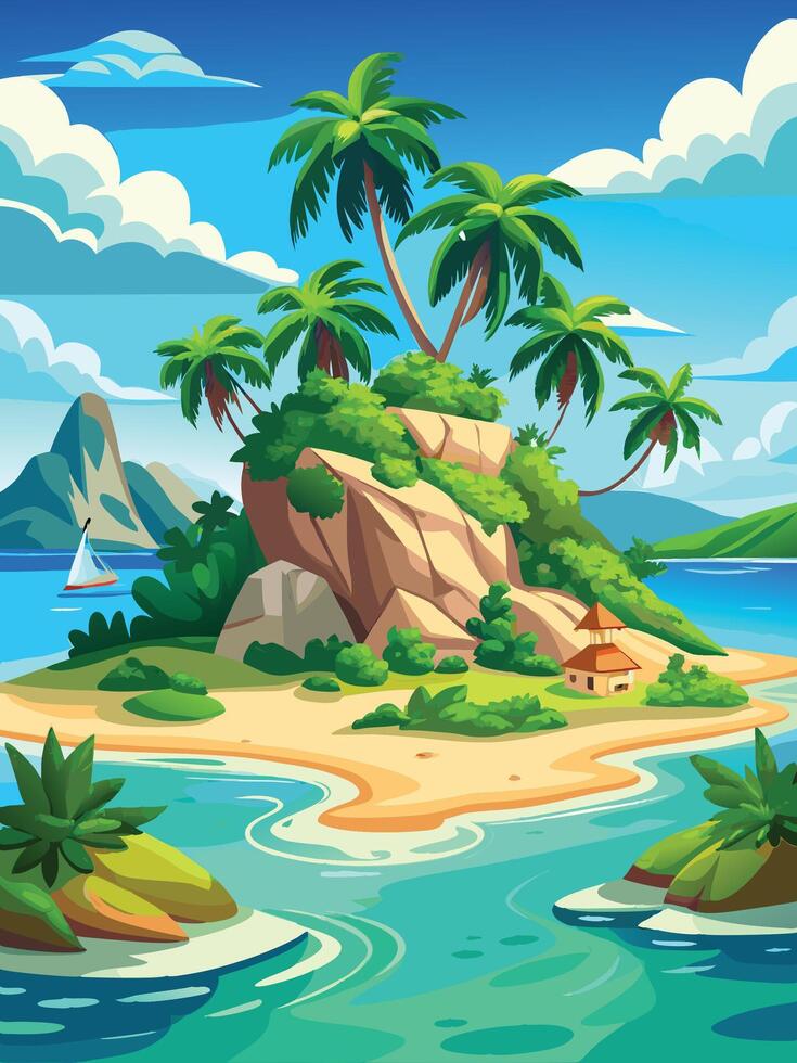 Background- Beautiful island with palm trees and blue sea. vector