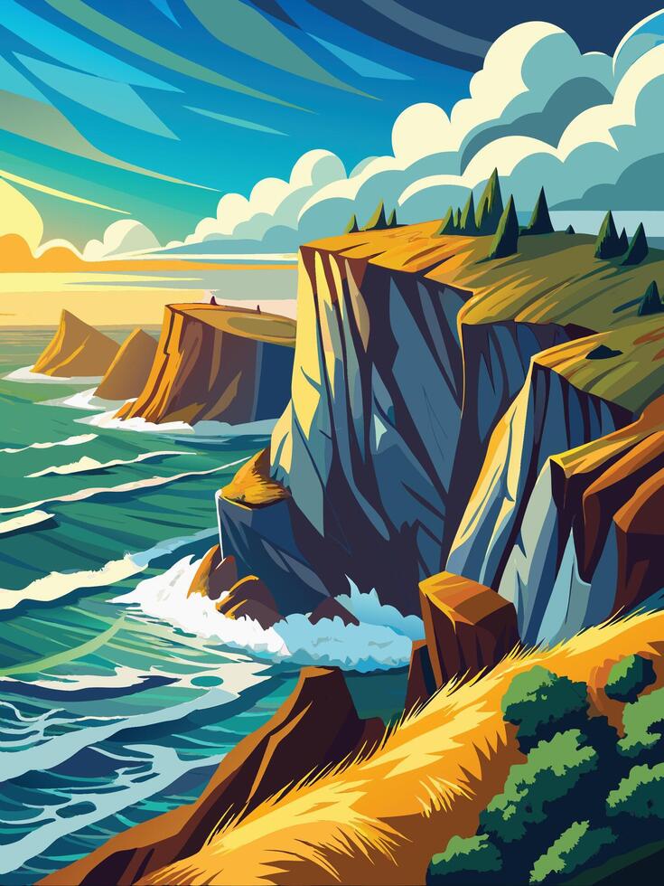 Background-Seascape with rocky coast and sea waves. vector