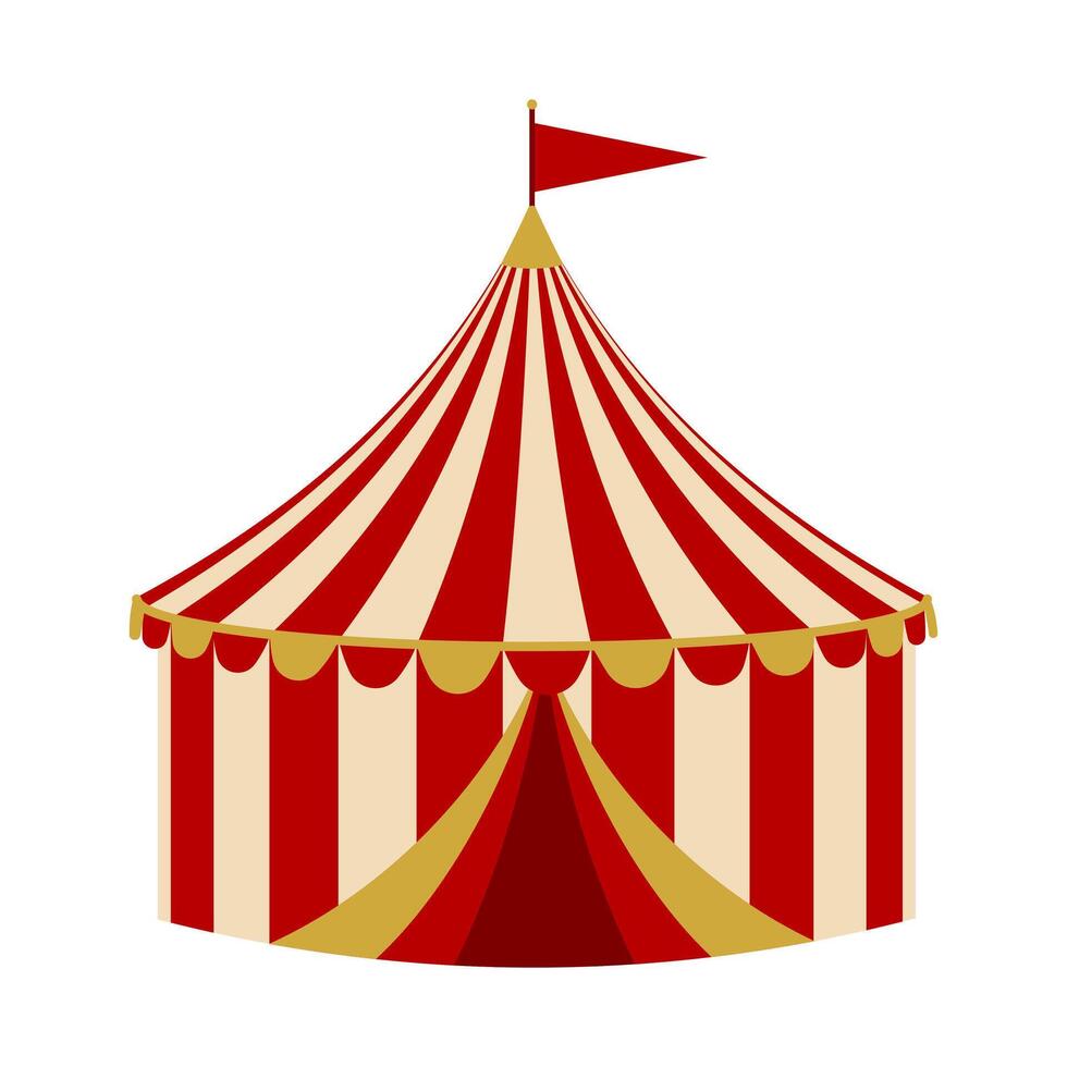 Circus tent isolated. A classic circus tent with red and white stripes, topped with a small red flag. Design of a traditional circus environment. vector