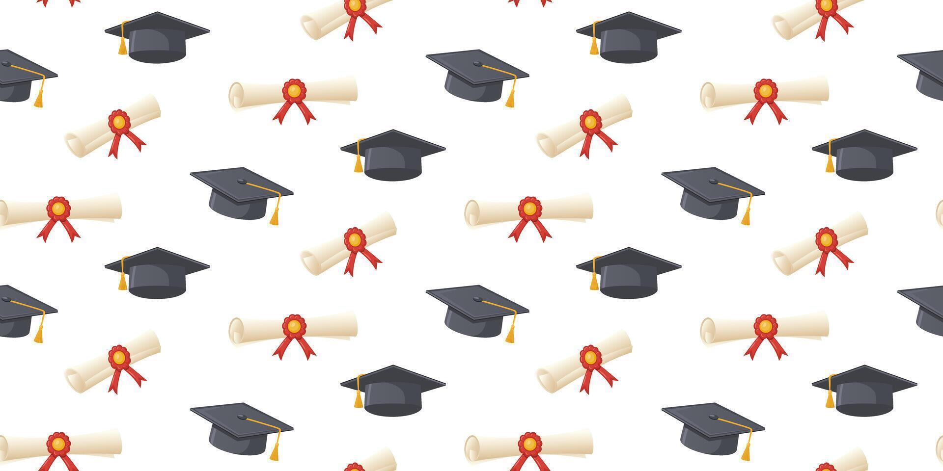 Graduation pattern of caps and diploma with red ribbon. Seamless pattern for graduation ceremony of academic caps and certificate. For graduation wallpapers, invitations and banners. vector