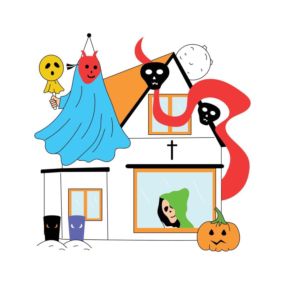 Spooky house filled with ghosts, a haunted tree, and Halloween decorations vector