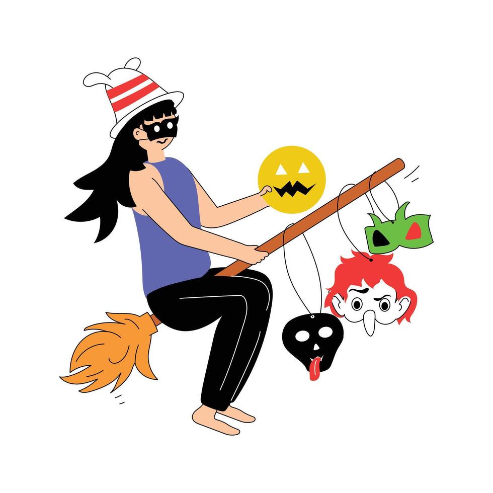 Person rides a broomstick with Halloween pumpkins and ghost decorations vector