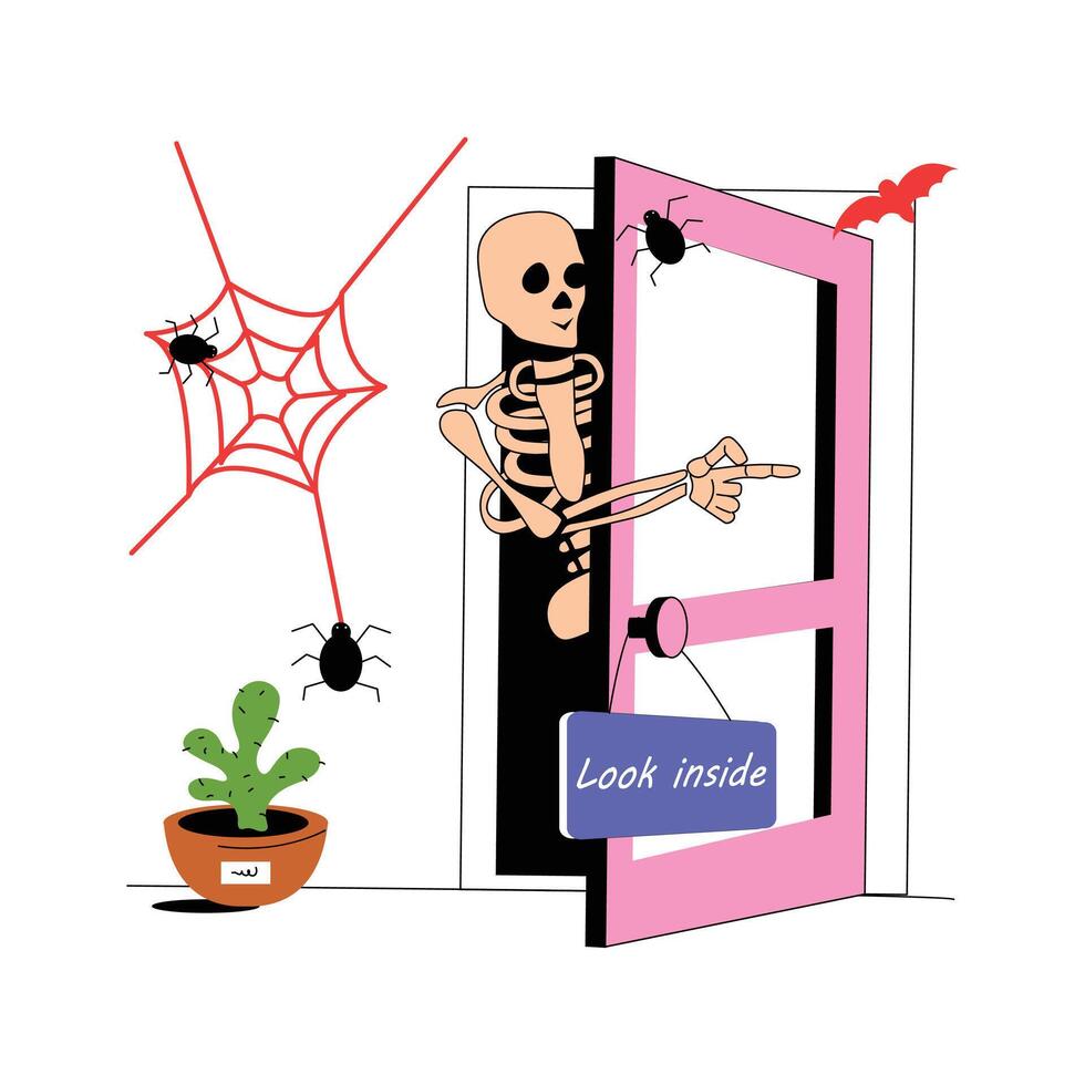 A skeleton peeks through a door decorated with spider webs and plants vector