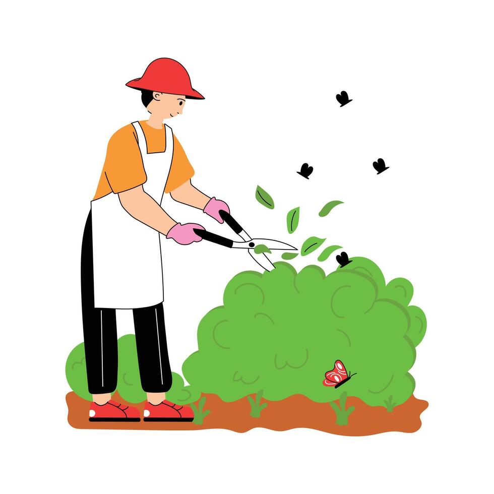 Gardener pruning bushes in a garden, flat illustration of gardening vector
