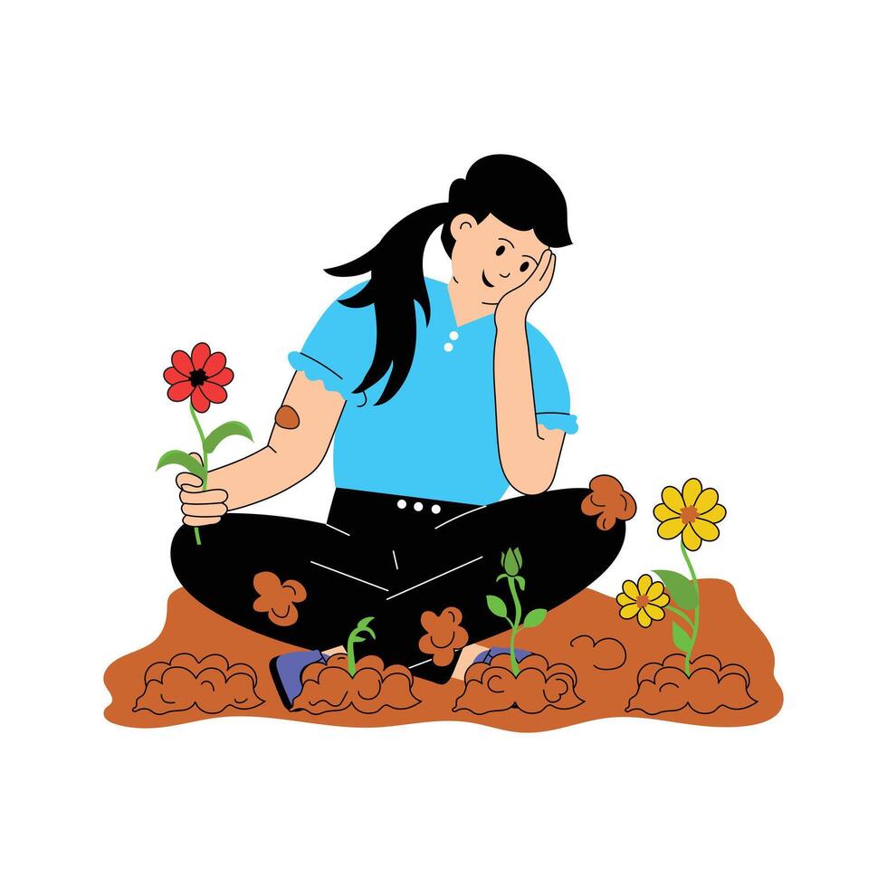 Girl looking at growing flower, flower lover flat illustration vector