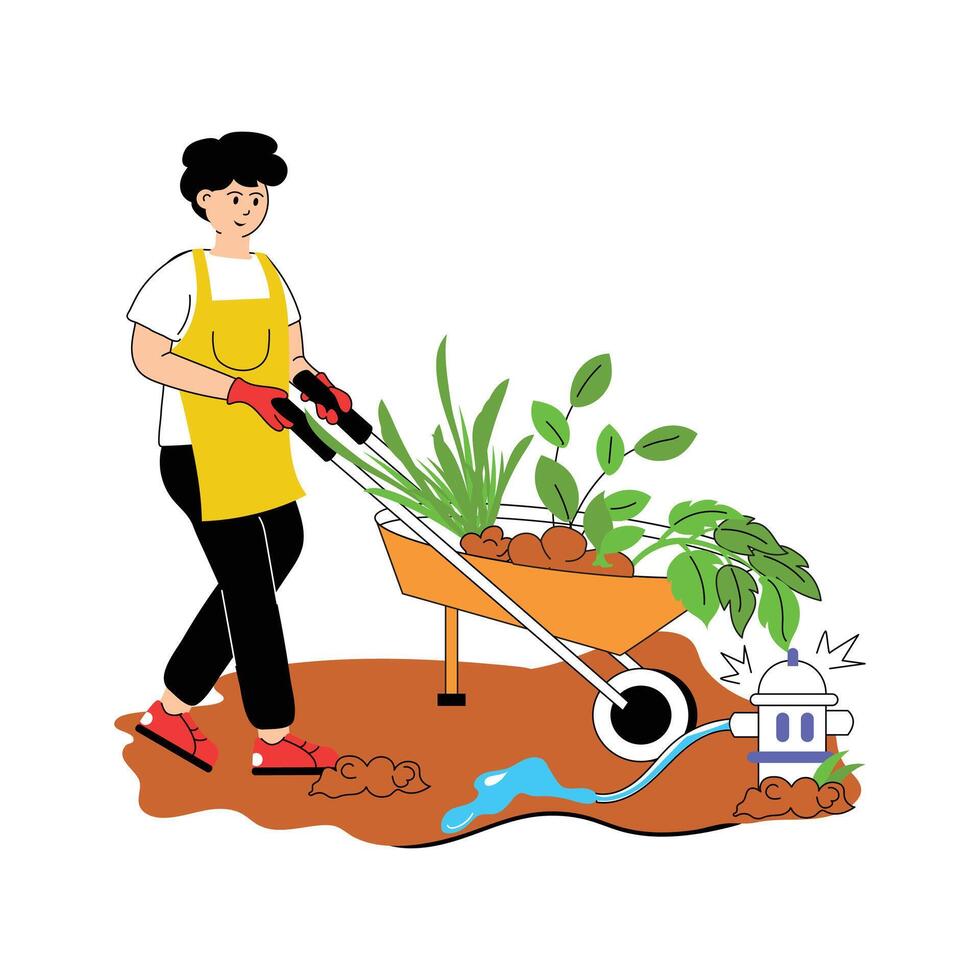 An illustration of gardener tending plants in the garden vector