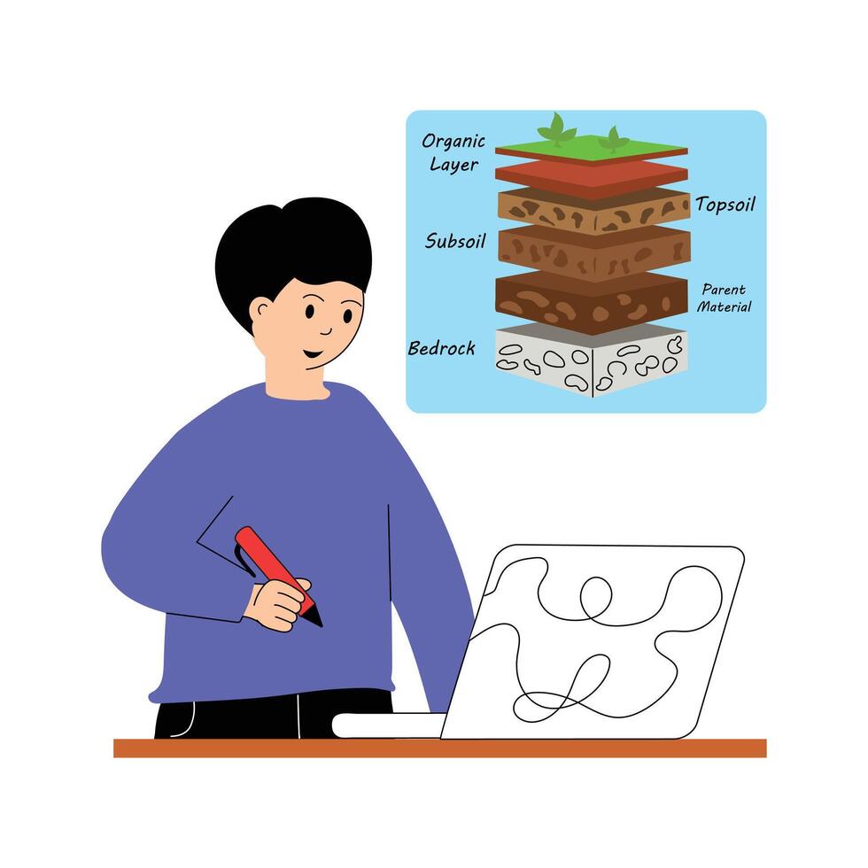 A scientist explaining the earth's layers in a diagram vector