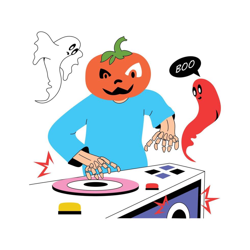 A pumpkin headed DJ spins records at a spooky Halloween party vector