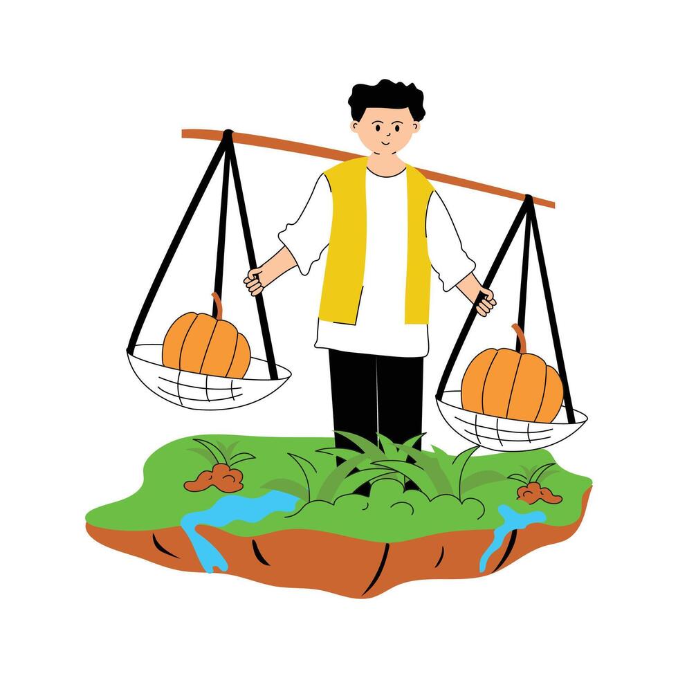A farmer balancing freshly harvested produce in baskets vector
