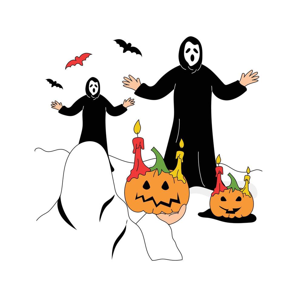 Two ghostly figures celebrate Halloween night with pumpkins and bats vector