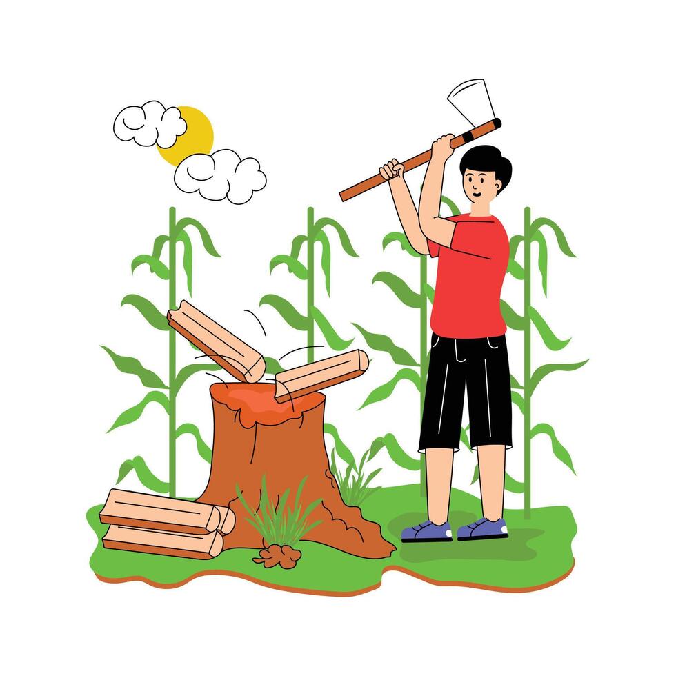 A worker chopping wood in a garden vector