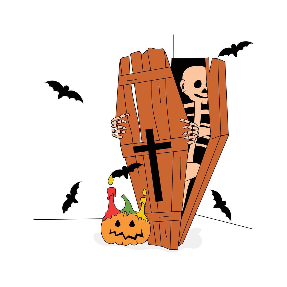 A skeleton emerges from a wooden coffin, ready for Halloween mischief vector