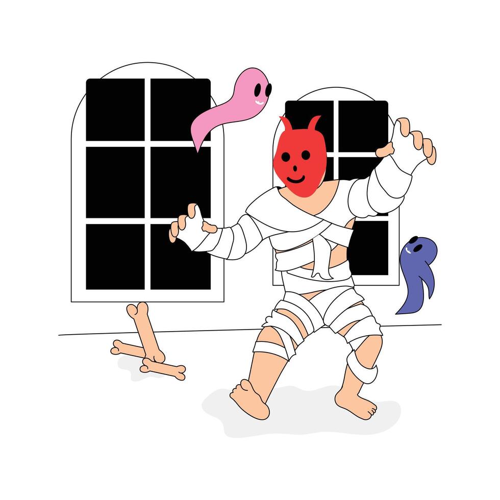A person wrapped as a mummy stands near a spooky window vector