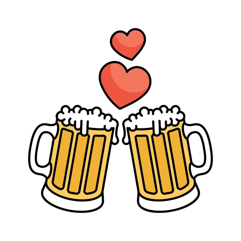 Two beer mugs clinking in celebration of love and good times vector