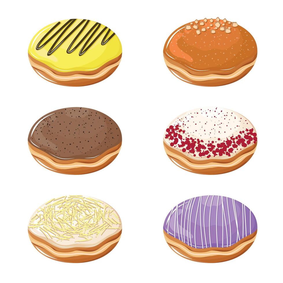 Set of various glazed doughnuts in banana, caramel, coffee, red velvet, cheese, and blueberry topping vector