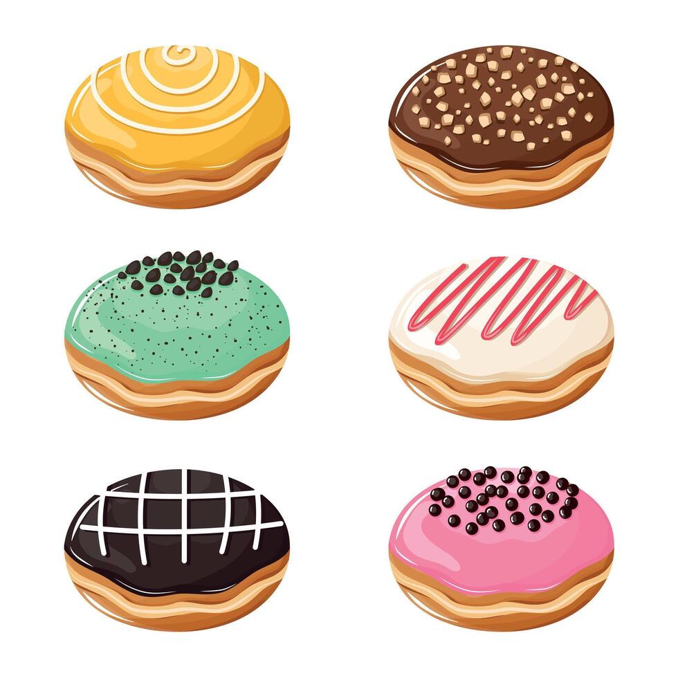 Set of various glazed doughnut in mango, chocolate nut, mint choco, vanilla with strawberry sauce, cookies n cream, and strawberry choco topping vector