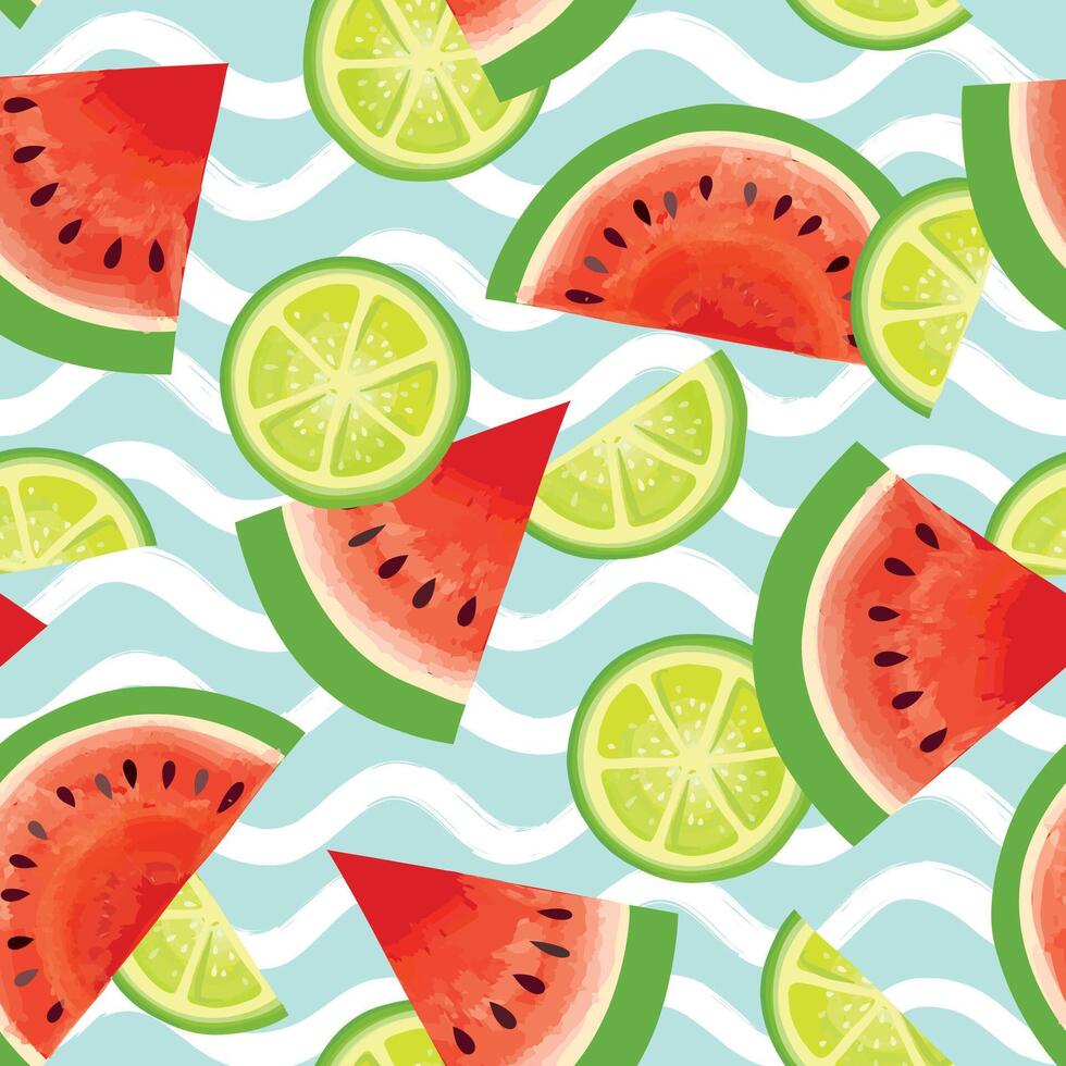 Fruits summer seamless pattern with sea waves. Fresh watermelon, lime, pieces. Colorful background with fruits. vector