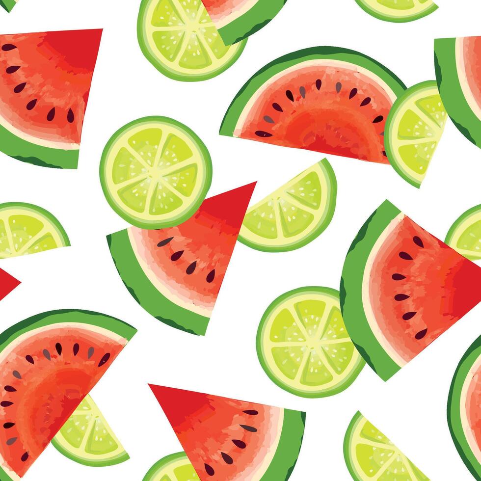 Fruits summer tiled pattern. Fresh watermelon and lime. Dessert food background vector