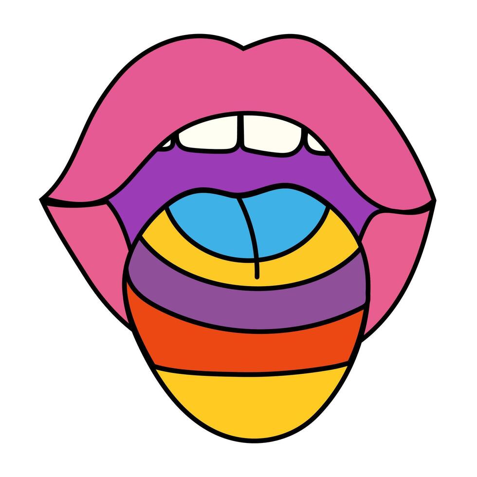 A cartoon of a womans mouth with a rainbow tongue sticking out vector