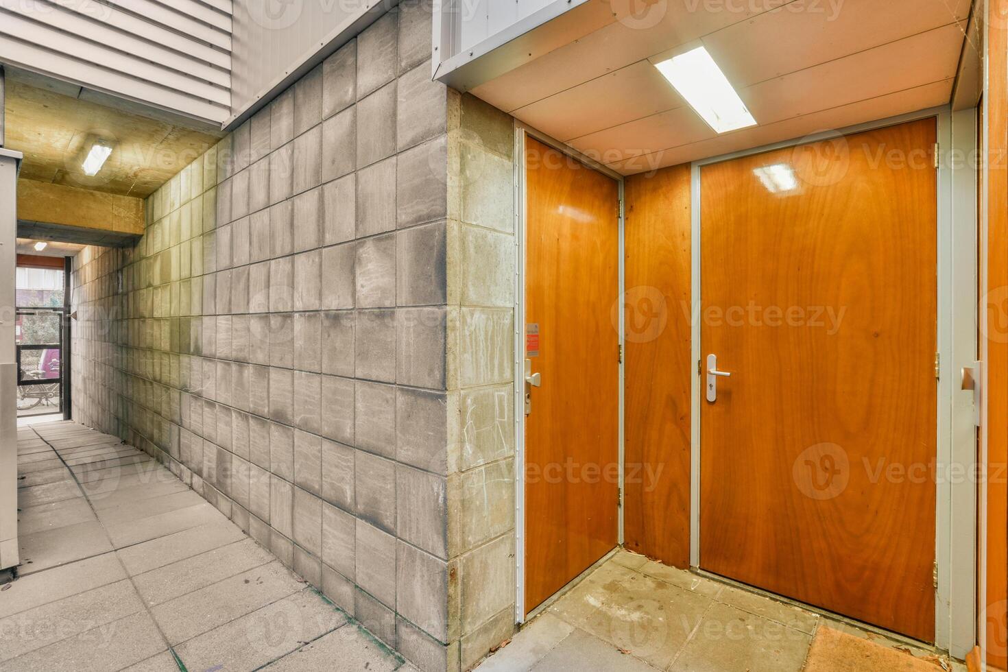 An empty hallway with two doors and a wall photo